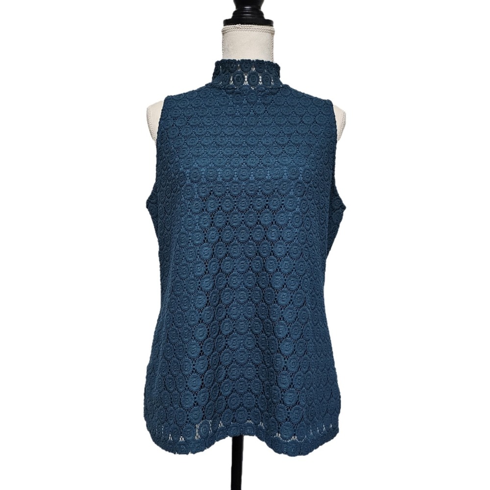 Charter‎ Club Dark Teal Crochet Sleeveless Mock Neck Top Size L Victorian